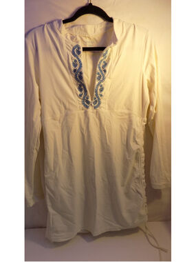 Women's Cabana Life White Embroidered Convertible Ruched Rashguard//Size Large